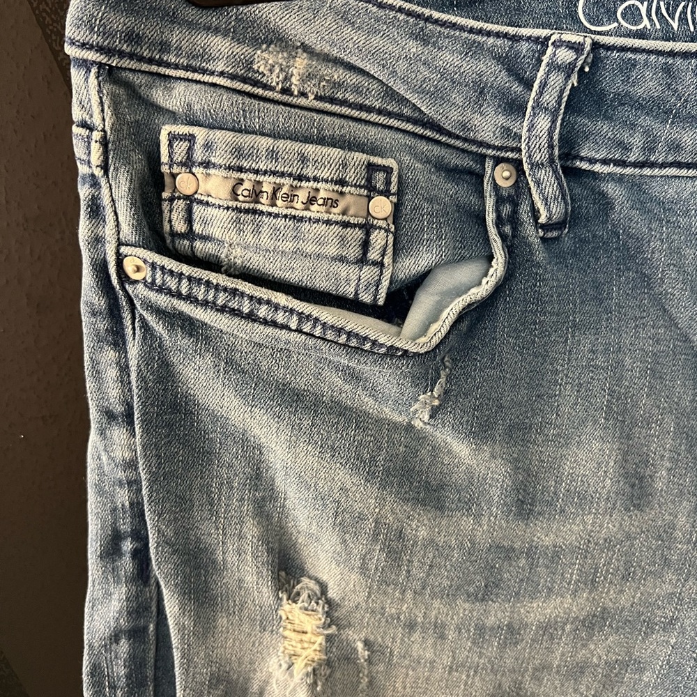 Calvin Klein Women's Distressed Blue Straight Leg Jeans - Picture 3 of 7